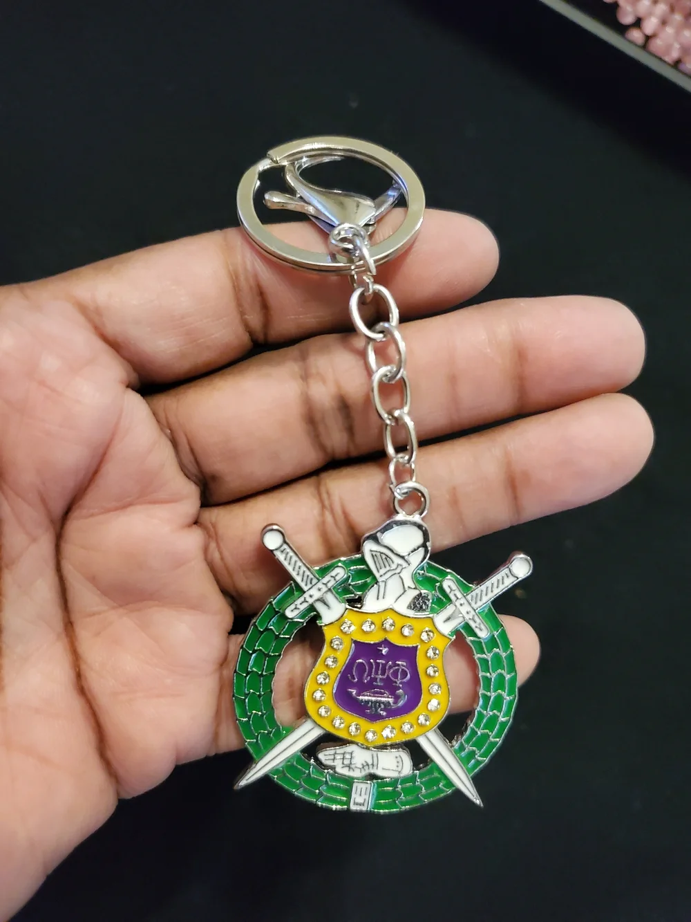 Fraternity Shield & Swords Omega Keyring in Green, Purple and Gold